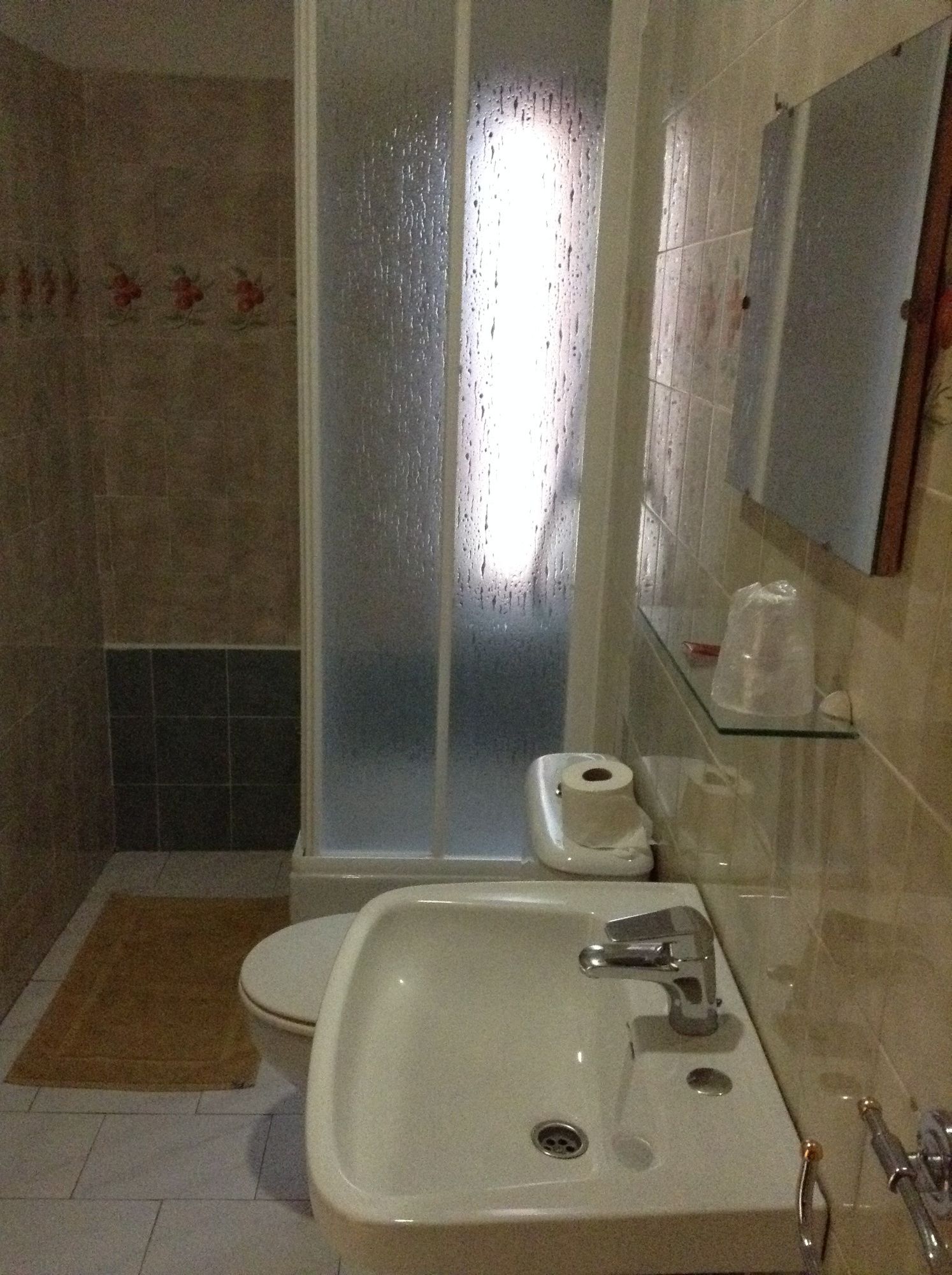Een badkamer met douche, toilet, wastafel en spiegel.