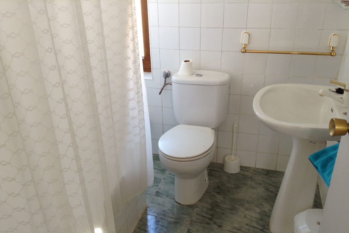 A bathroom with a toilet, a sink, and a shower curtain.