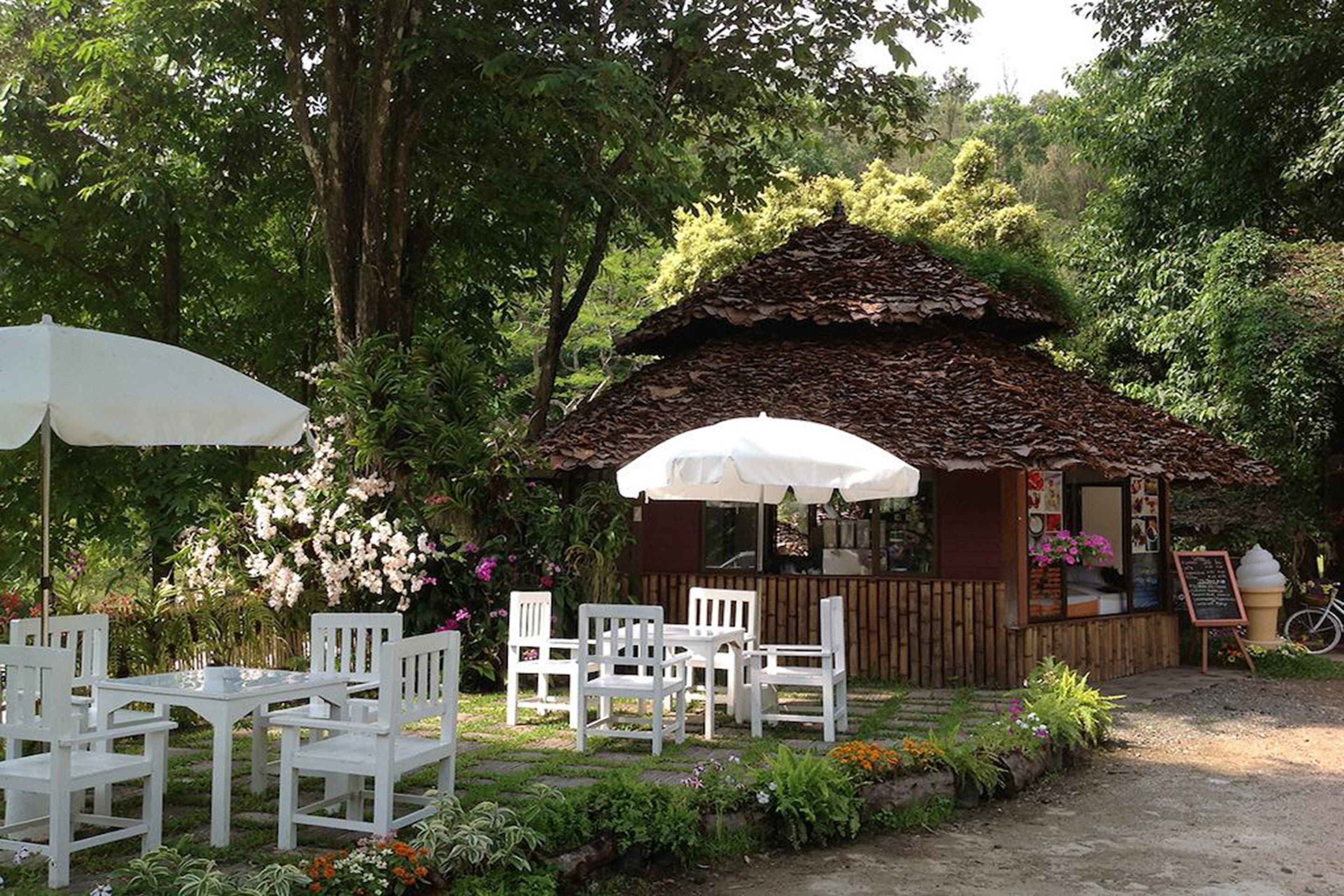 A rustic outdoor seating area with white chairs and tables, a thatched-roof structure, and lush greenery.