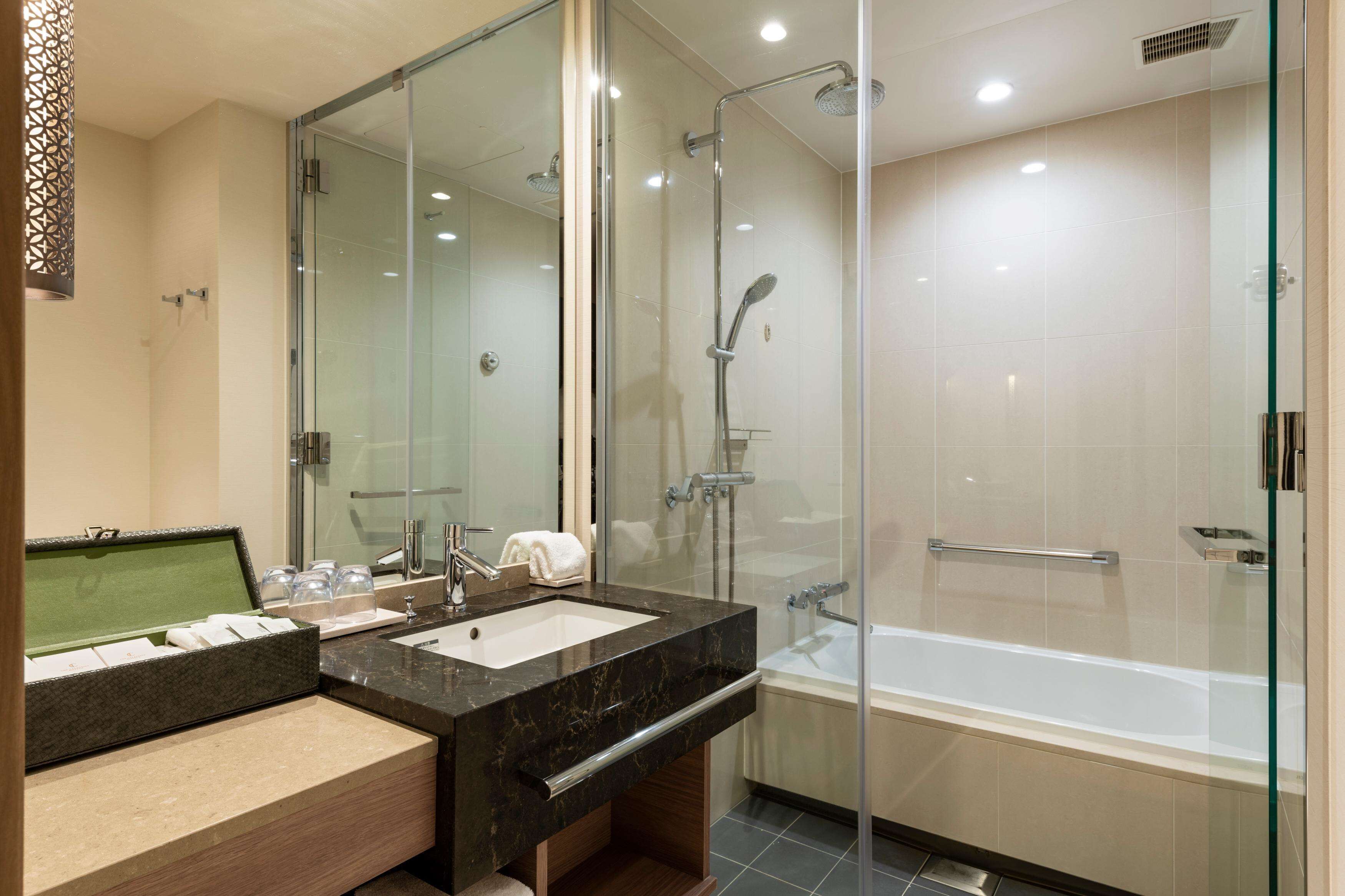 separate bathtub and shower, free toiletries, hair dryer, bathrobes