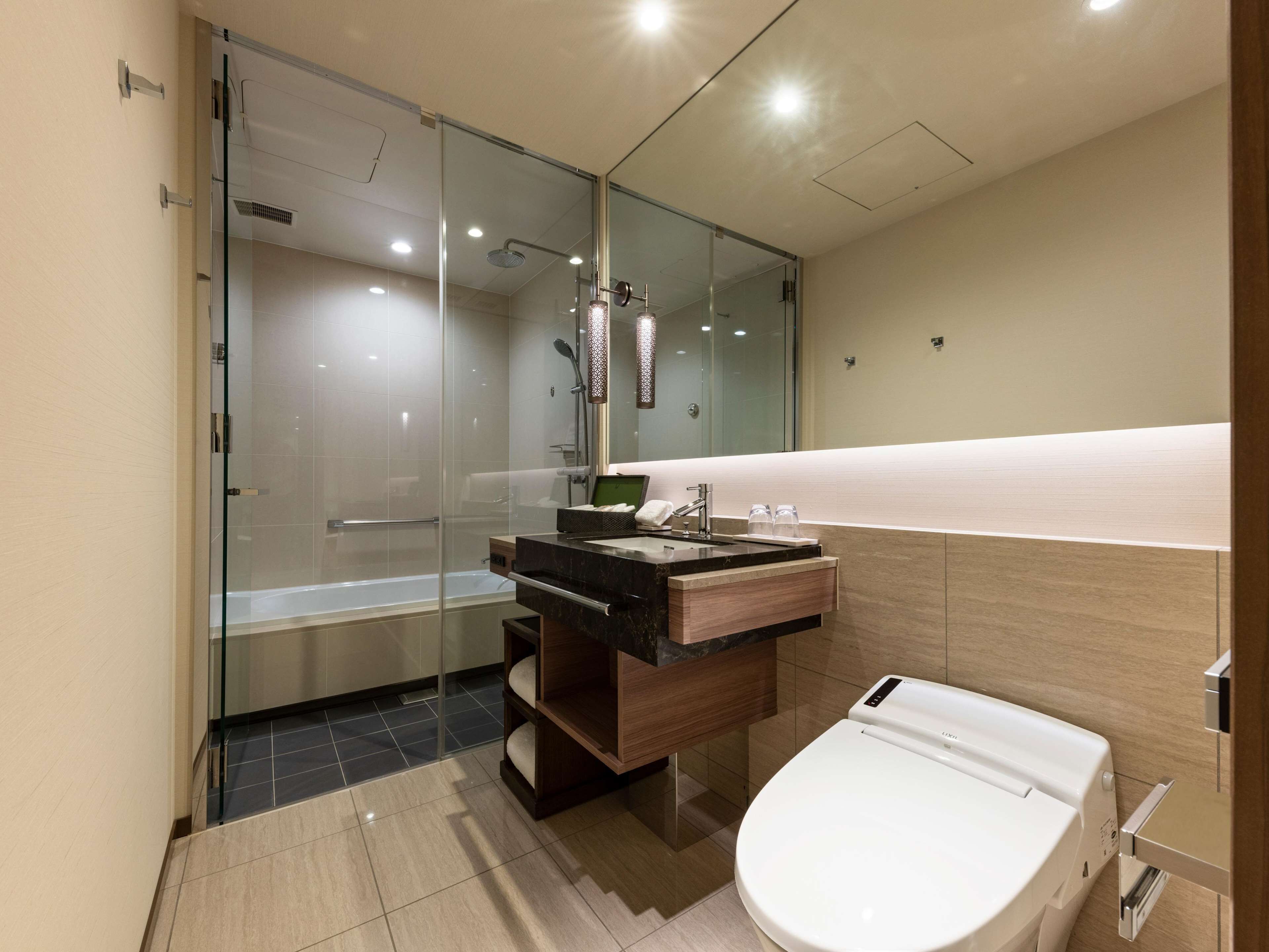 separate bathtub and shower, free toiletries, hair dryer, bathrobes