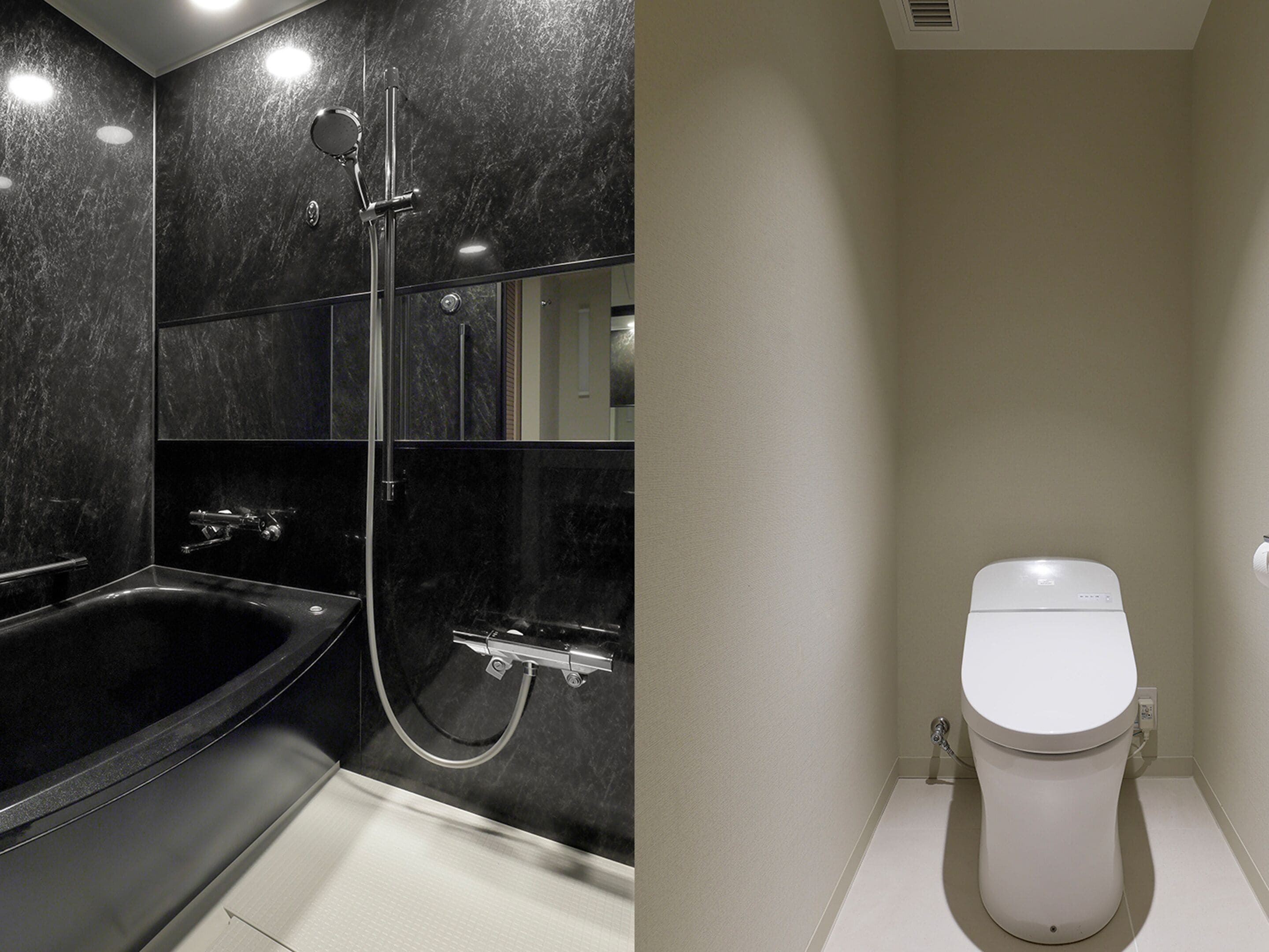 A bathroom with a black bathtub, a shower, and a white toilet.