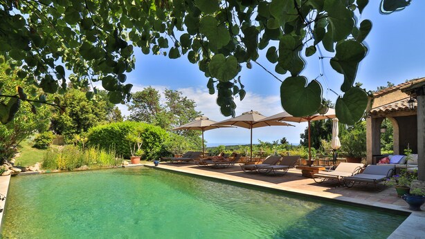 A clear swimming pool with lounge chairs and umbrellas, surrounded by greenery and a pergola. - Le Mazet de Tourrettes (Tourrettes-sur-Loup)