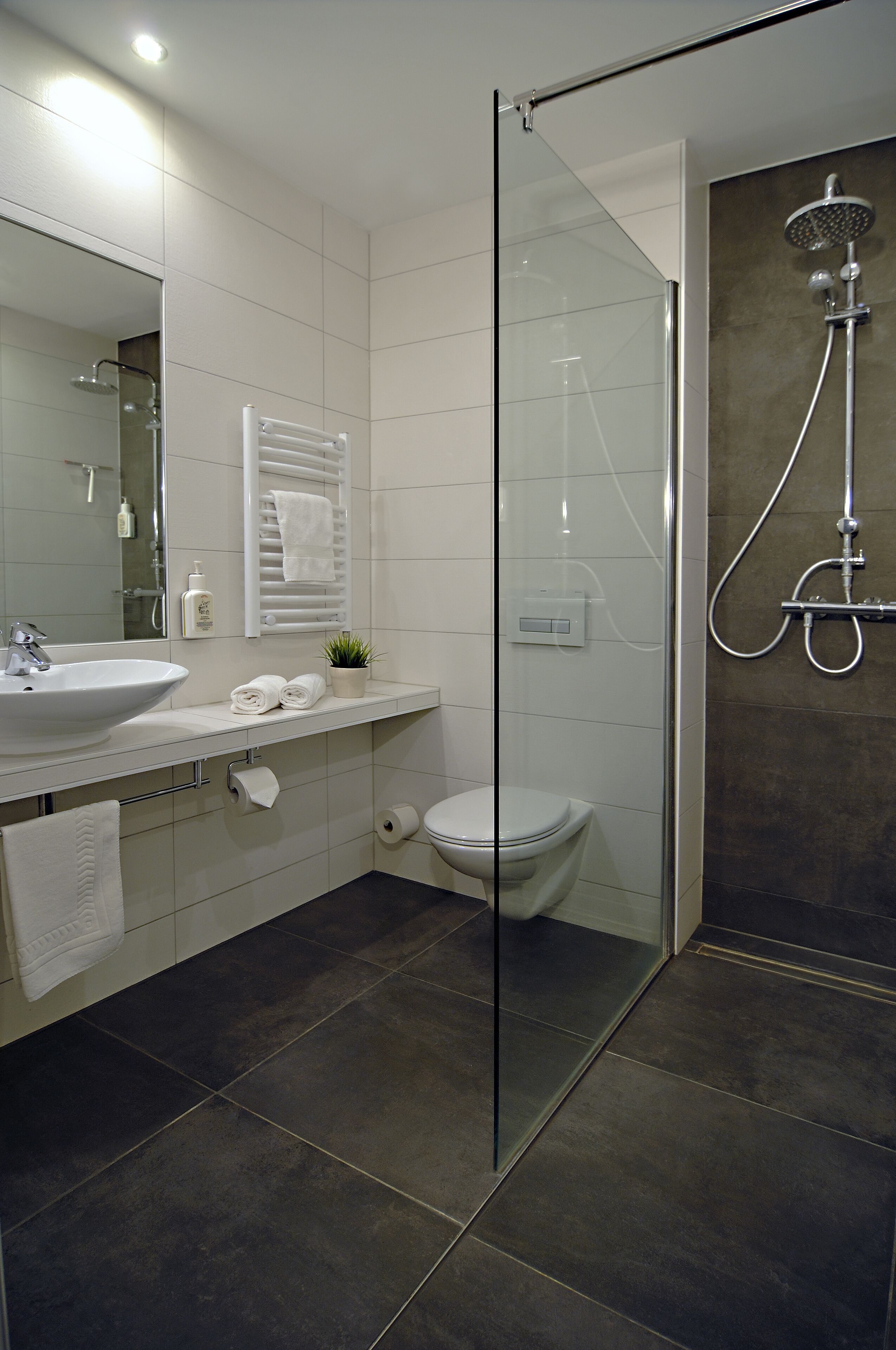 Un baño moderno con ducha de vidrio, lavamanos y retrete.