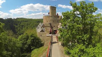 A castle with a central tower, surrounded by lush greenery and a clear sky.