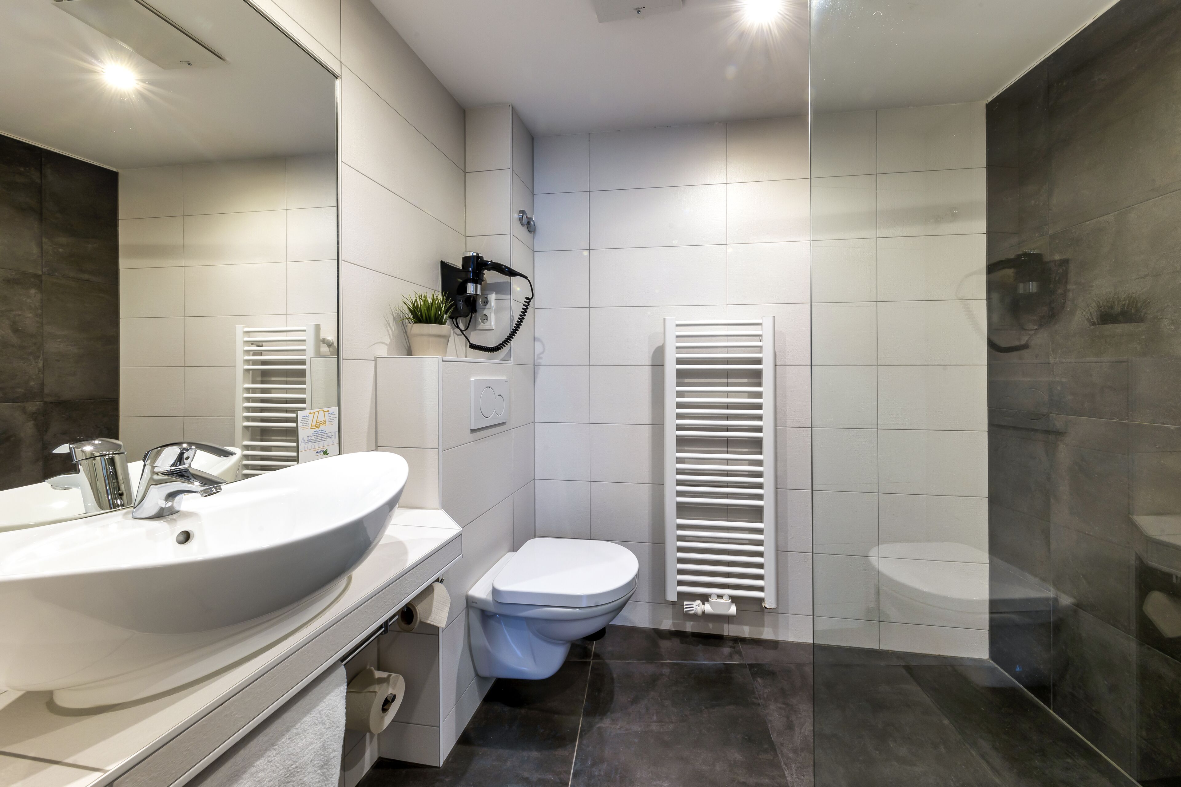 A modern bathroom with a large white sink, a toilet, and a towel rack.