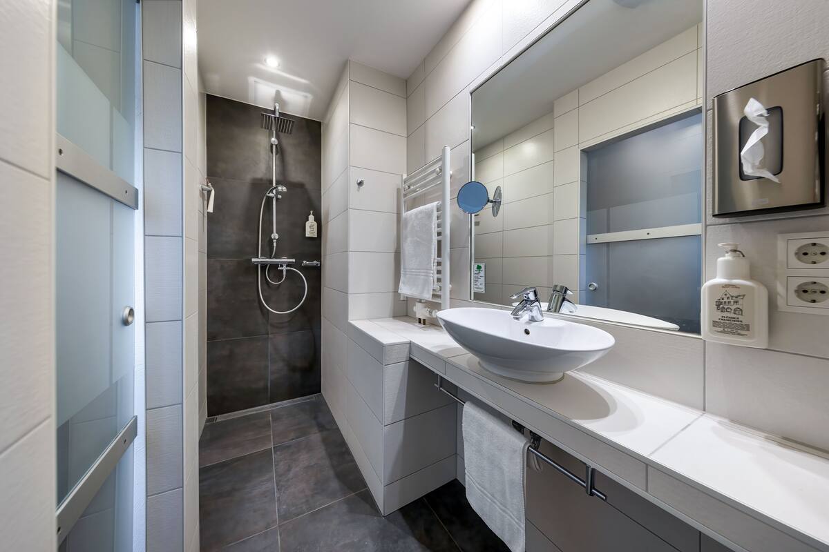 single room (main building) | bathroom | shower, rainfall showerhead, free toiletries, hair dryer