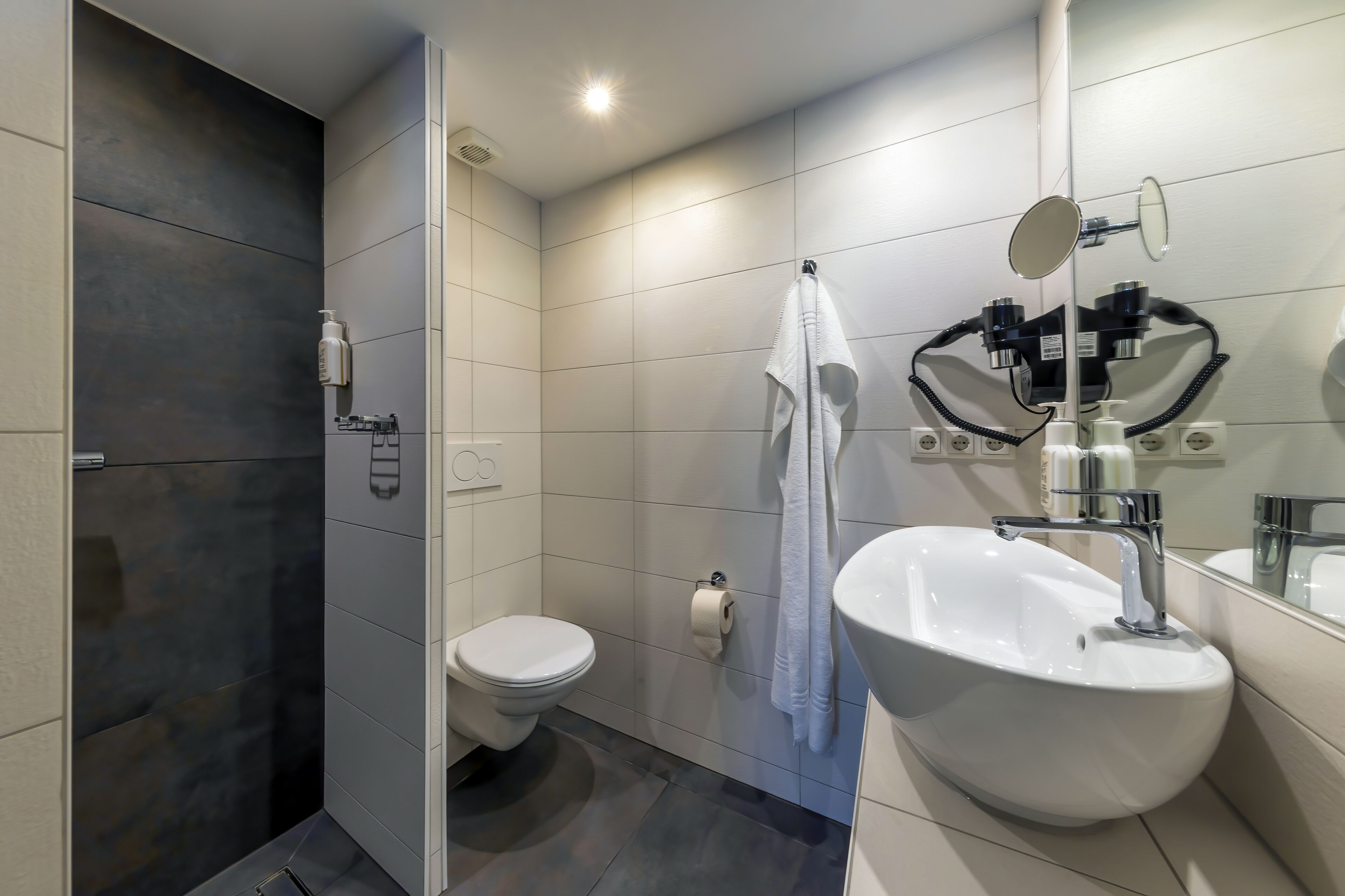 A modern bathroom with a toilet, a sink, and a shower area.
