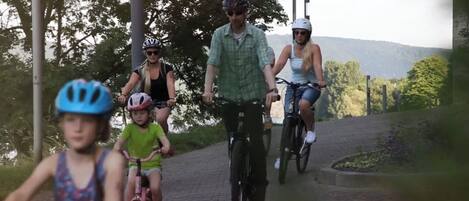 Un grupo de personas en bicicleta sobre un camino pavimentado, rodeado de árboles y colinas.