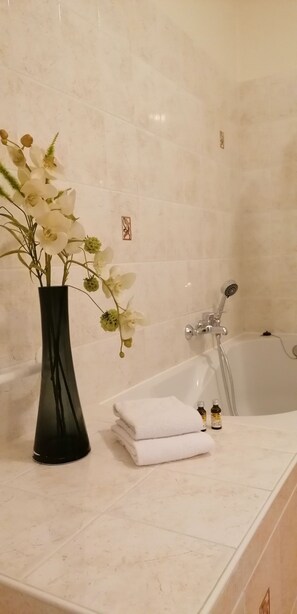 Chambre exclusive | Salle de bain | Articles de toilette (gratuits), séchoir à cheveux, serviettes fournies