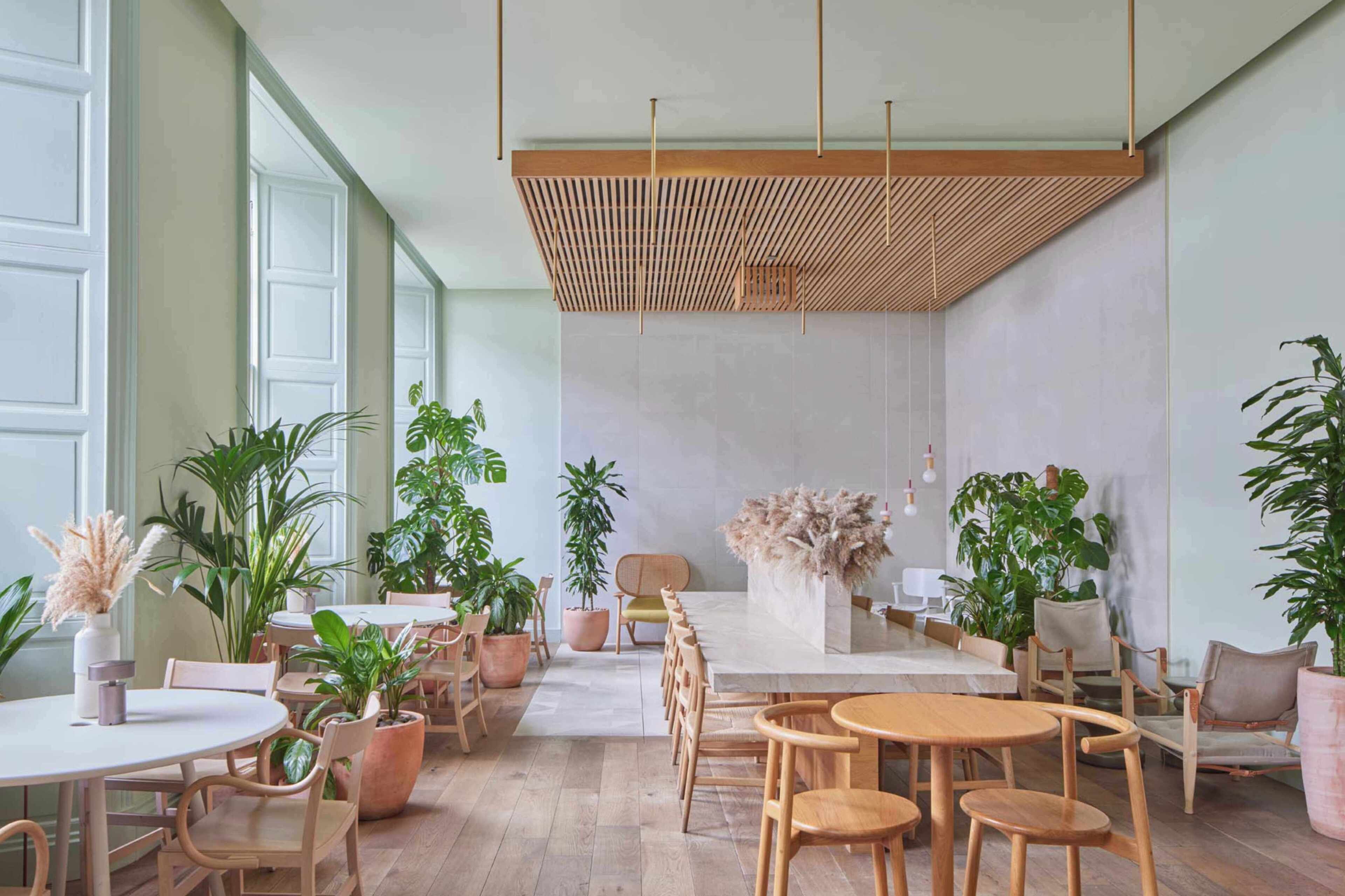 A spacious indoor area with multiple seating arrangements, including round tables and chairs, and several potted plants.