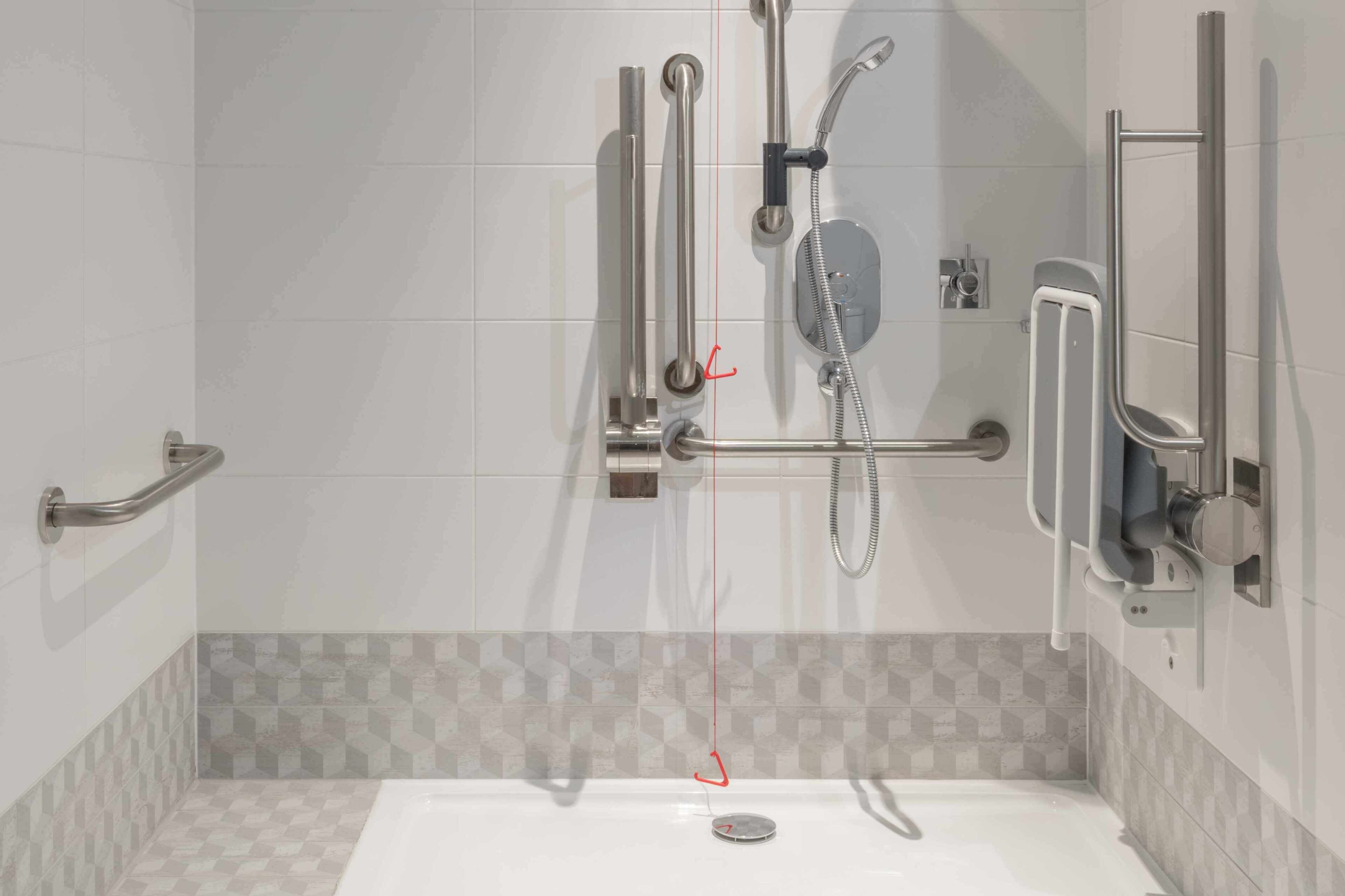 Baño con ducha, barras de apoyo y un inodoro.