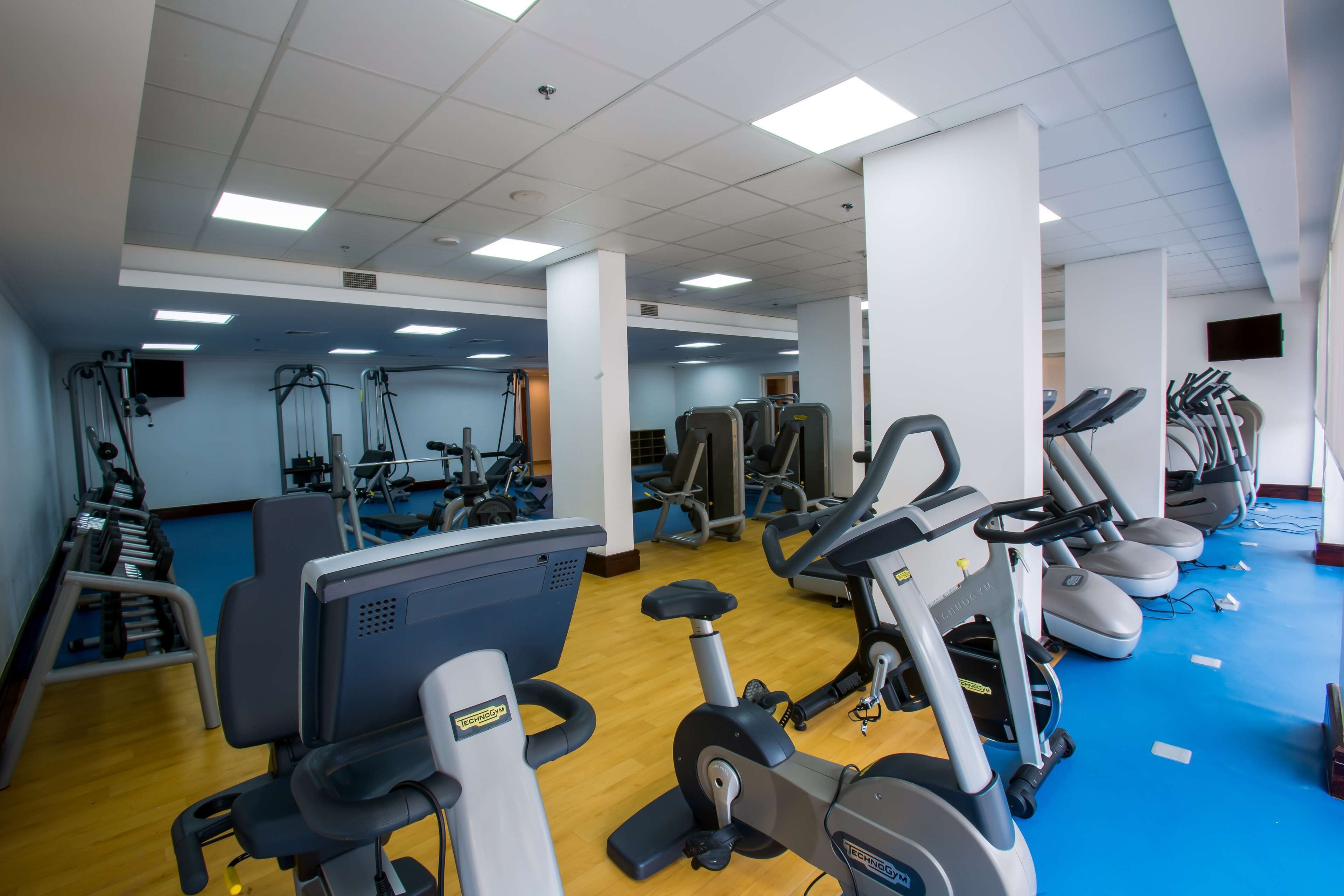 A gym with various exercise machines, including treadmills and stationary bikes, arranged in rows.