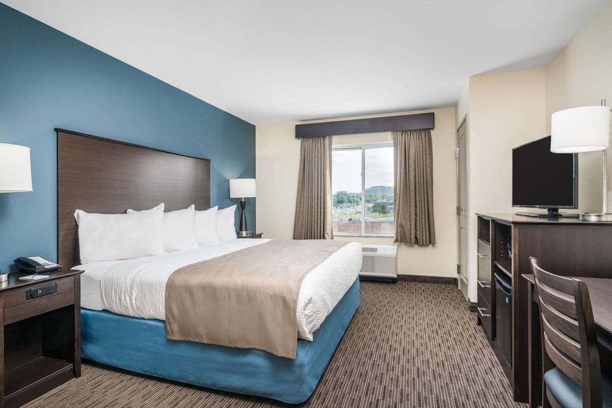A hotel room with a large bed, a desk with a TV, a desk lamp, and a window with curtains.