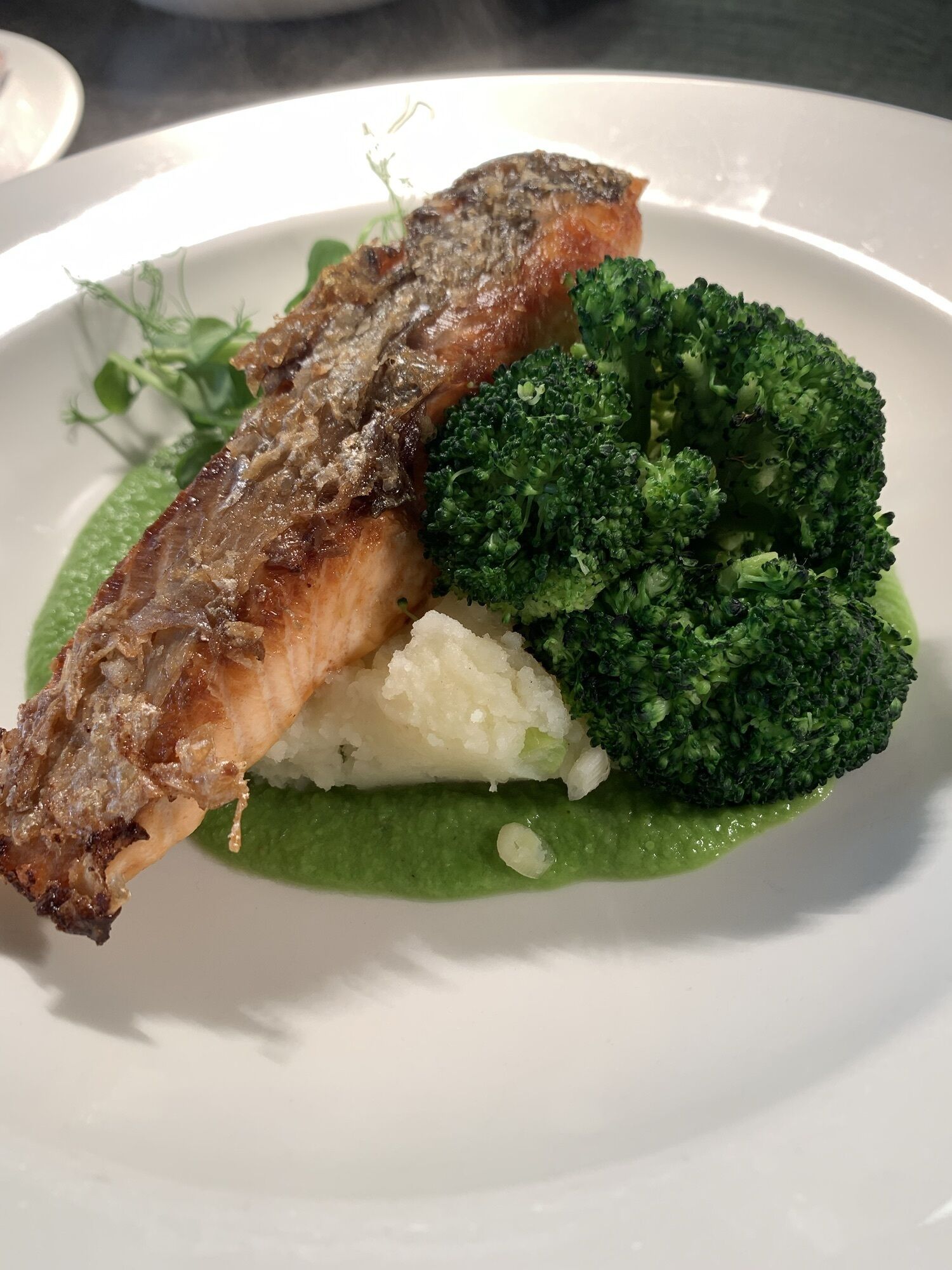 Un plato con un trozo de carne a la parrilla, brócoli y salsa verde.