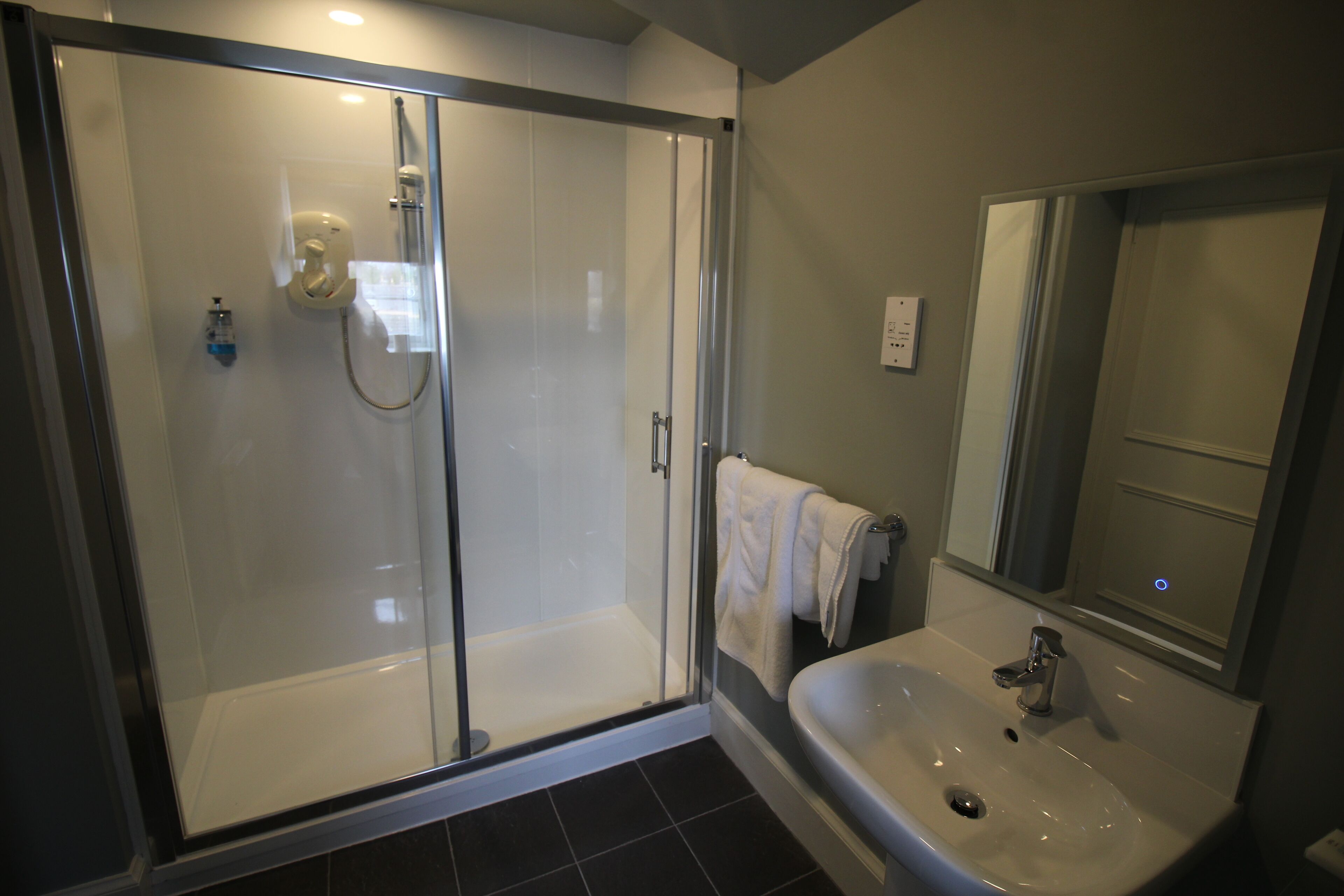 A modern bathroom with a glass-enclosed shower, a white sink, and a mirror.