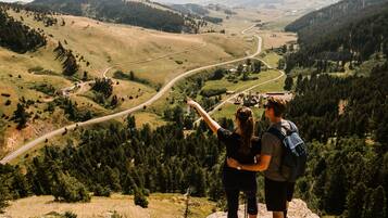 A couple standing on a rocky outcrop overlooking a valley with winding roads and dense forests.