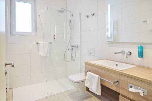 Habitación Deluxe doble | Baño | Ducha, artículos de higiene personal gratuitos y secador de pelo