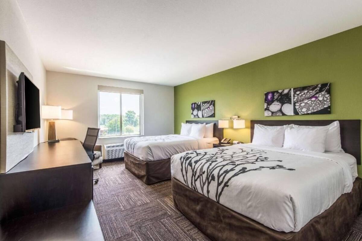 Ein Hotelzimmer mit zwei Betten, einem Schreibtisch, einem Fernseher und Bildern an den Wänden.