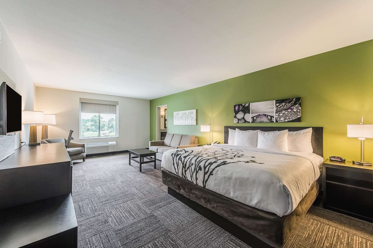 Ein Hotelzimmer mit einem großen Bett, einem Schreibtisch, einem Sessel und einem Fernseher.