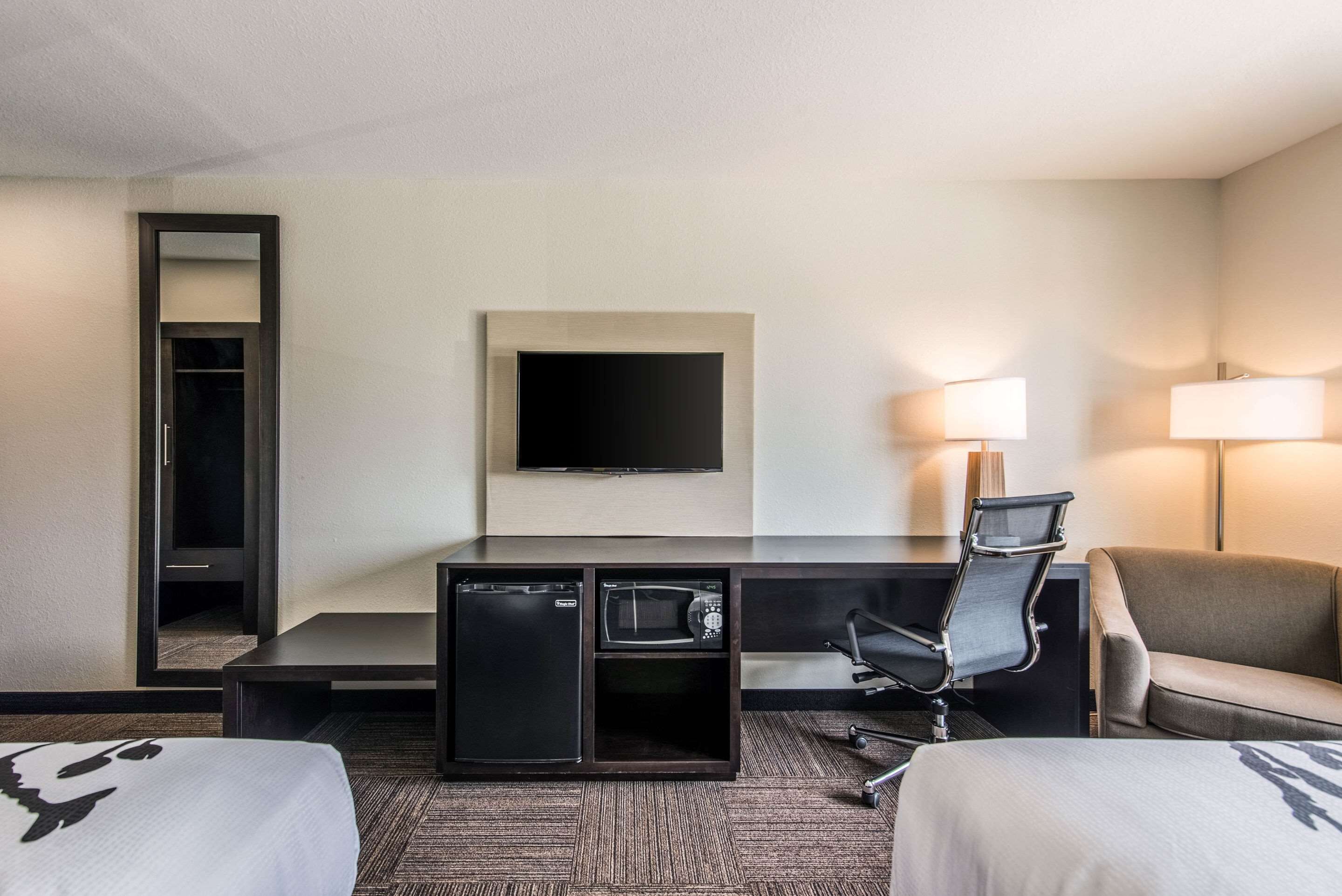 Una habitación de hotel con escritorio, televisor, microondas, una silla y dos camas.