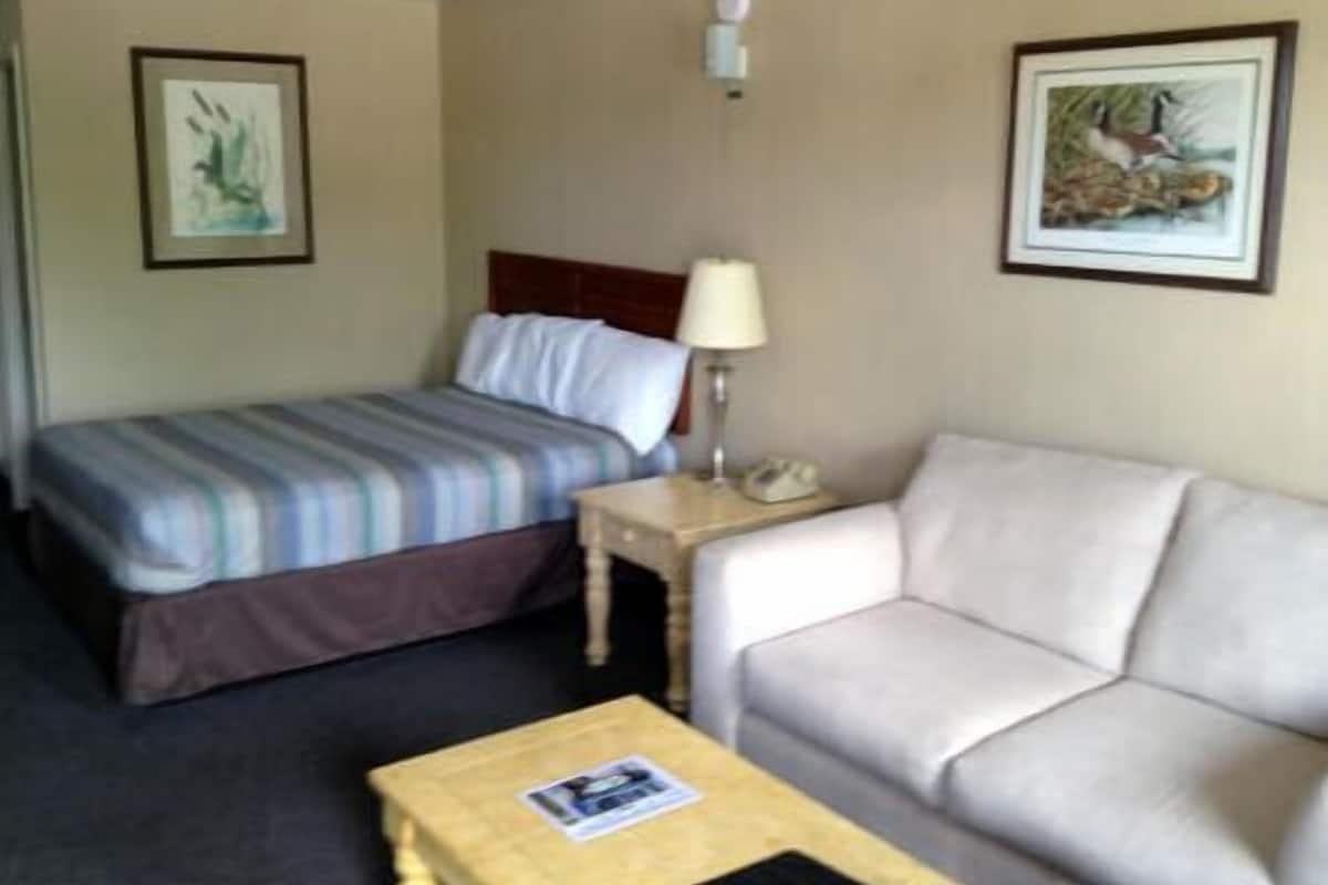 A hotel room with a bed, a sofa, a small table, and two framed pictures on the wall.