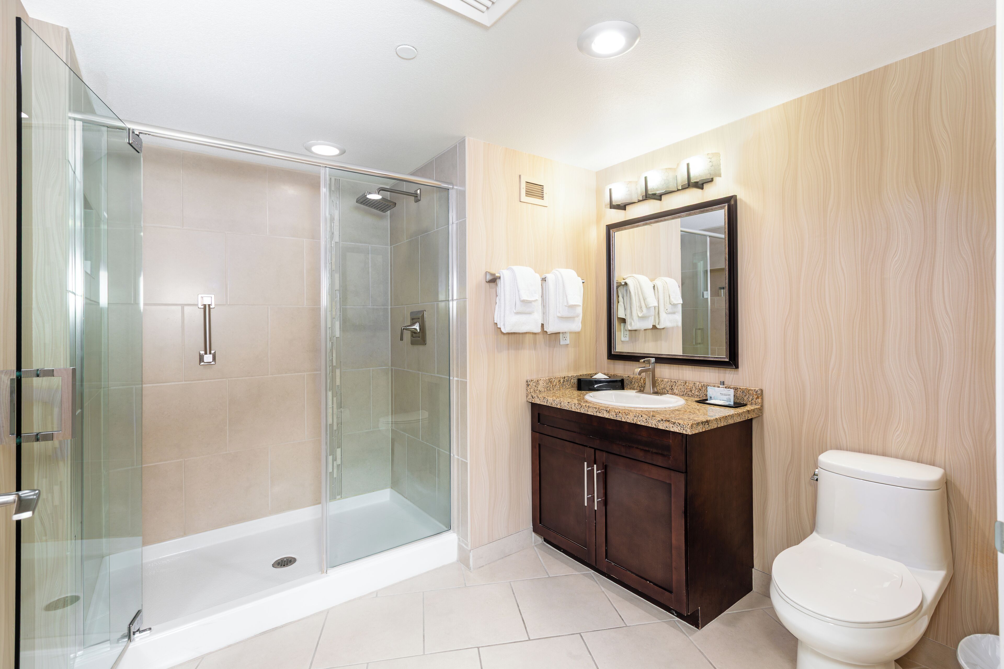 Un baño moderno con ducha de vidrio, lavabo con tocador y un inodoro.