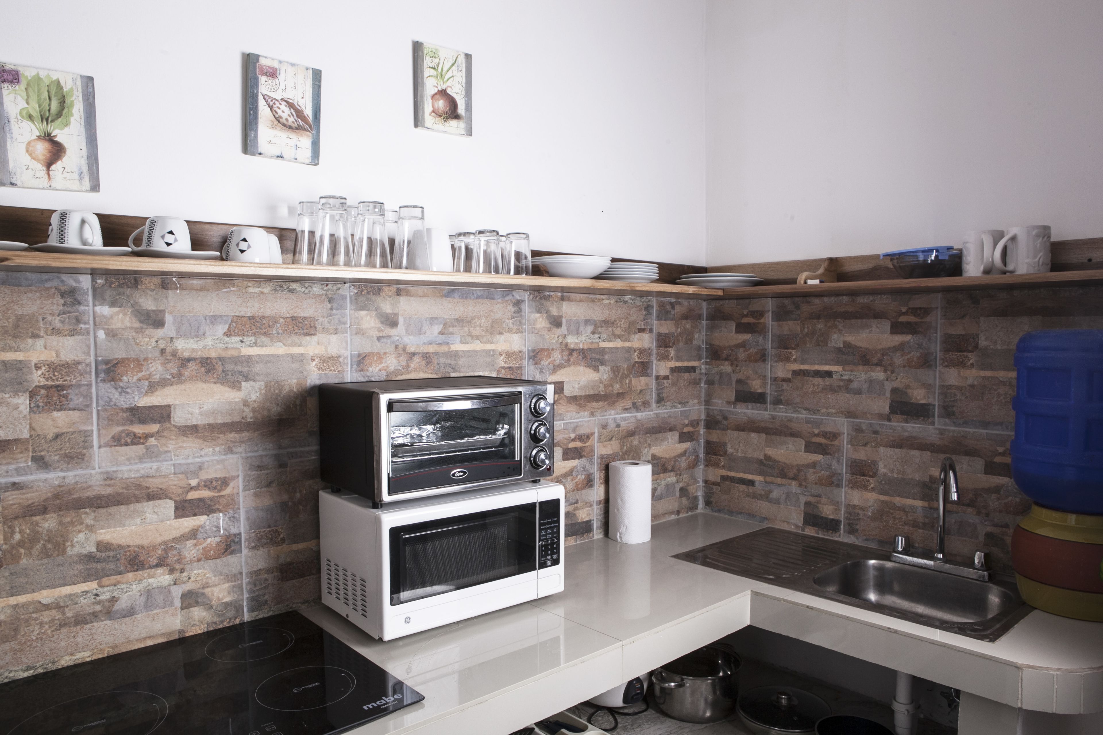 full-sized fridge, microwave, cleaning supplies, freezer