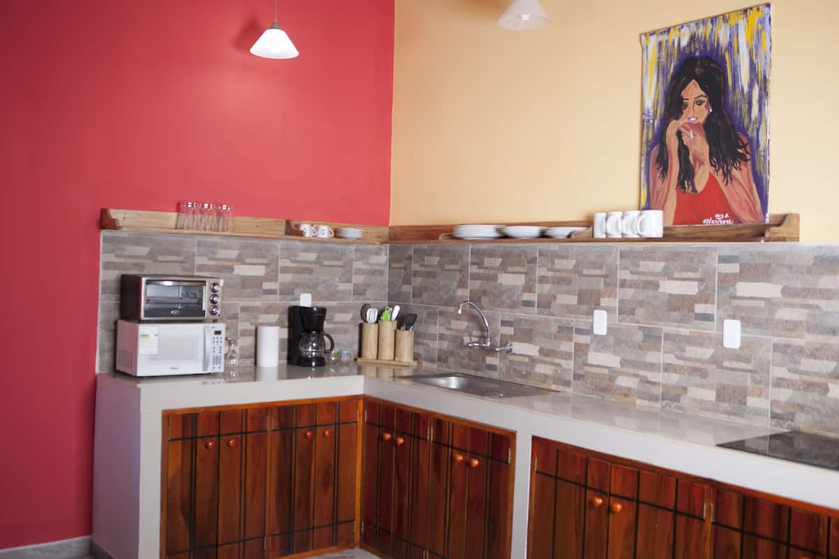 full-sized fridge, microwave, cleaning supplies, freezer