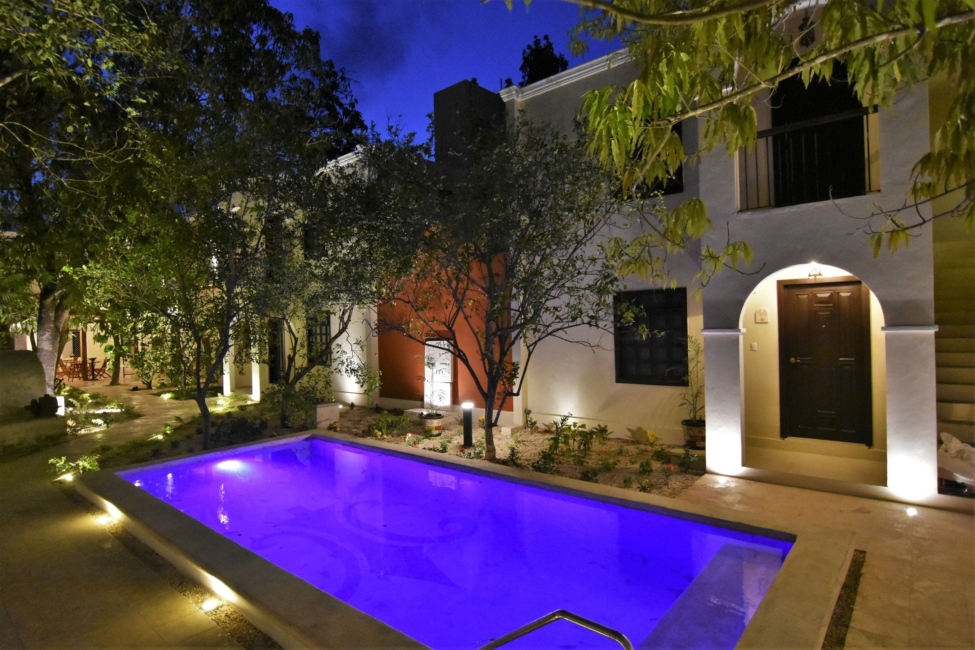 outdoor pool, pool loungers