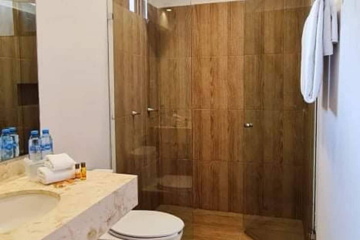 luxury suite, private pool | bathroom | shower, rainfall showerhead, towels, soap