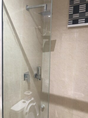 Separate bathtub and shower, towels