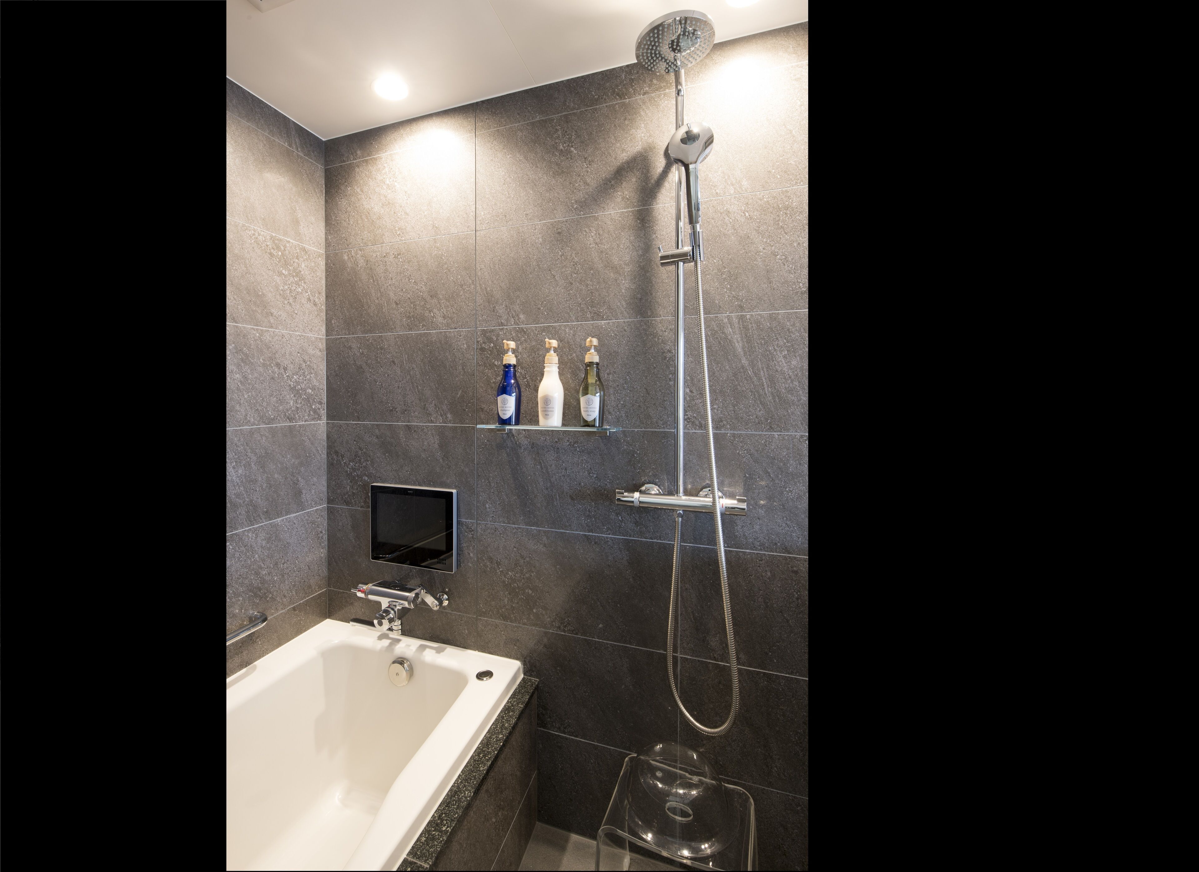 shower, rainfall showerhead, hair dryer, bathrobes