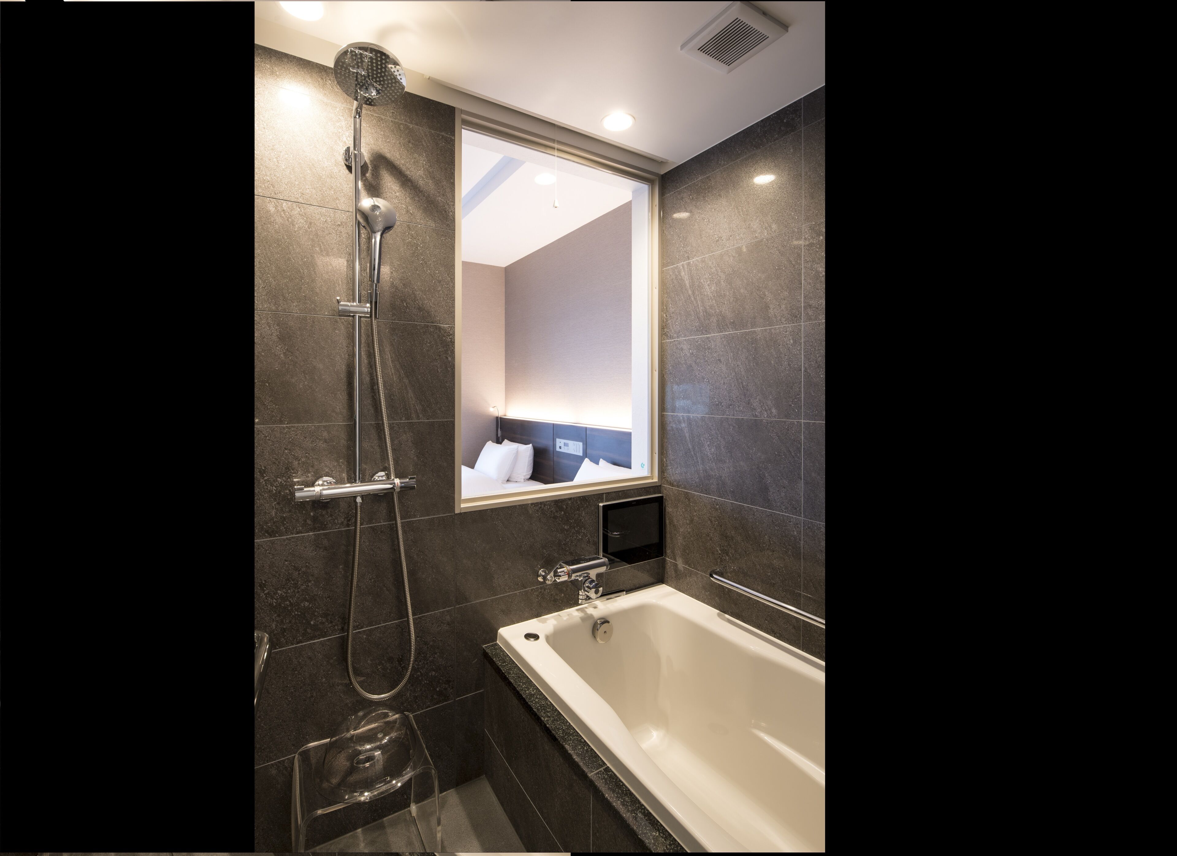 shower, rainfall showerhead, hair dryer, bathrobes