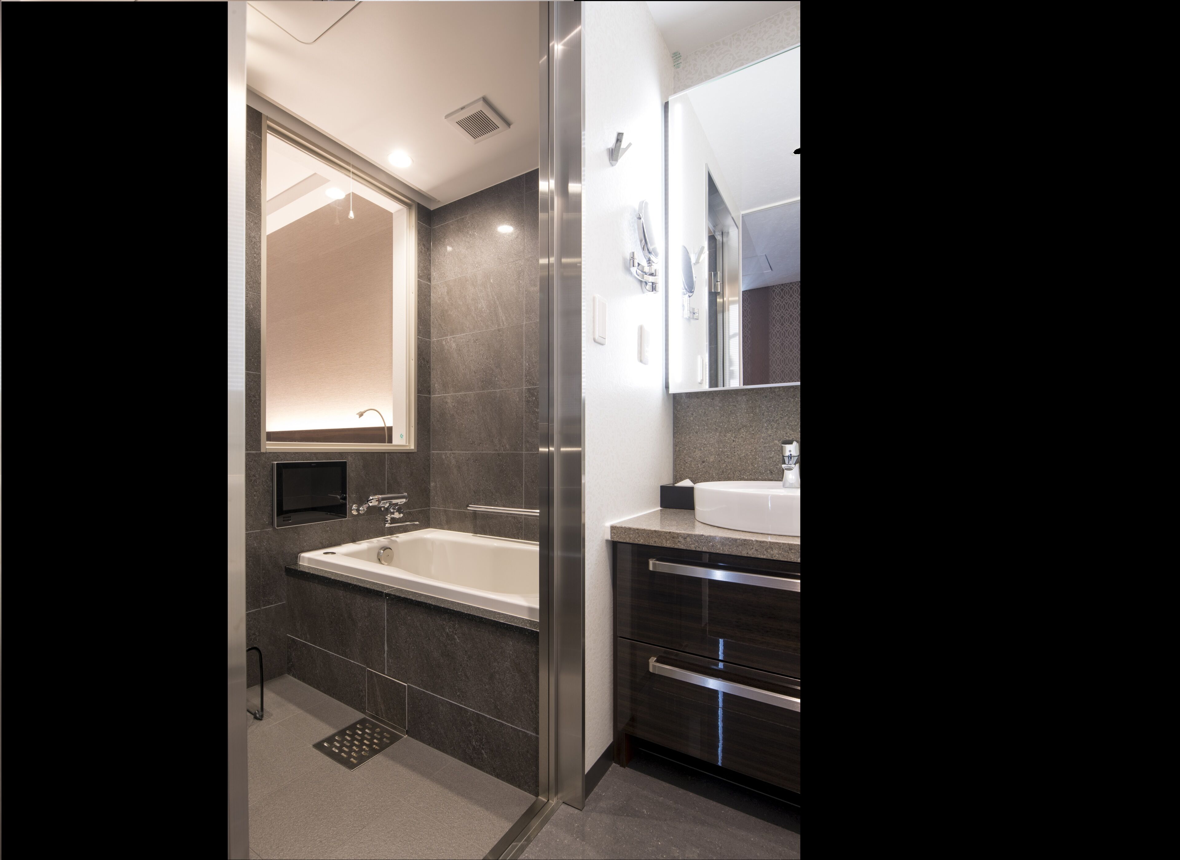 shower, rainfall showerhead, hair dryer, bathrobes