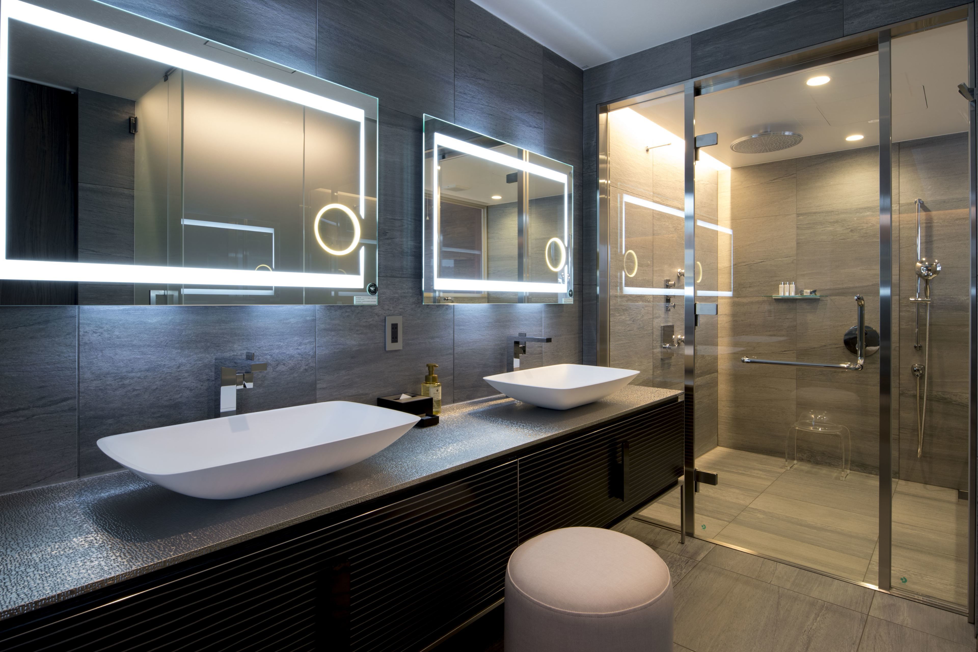 shower, rainfall showerhead, hair dryer, bathrobes