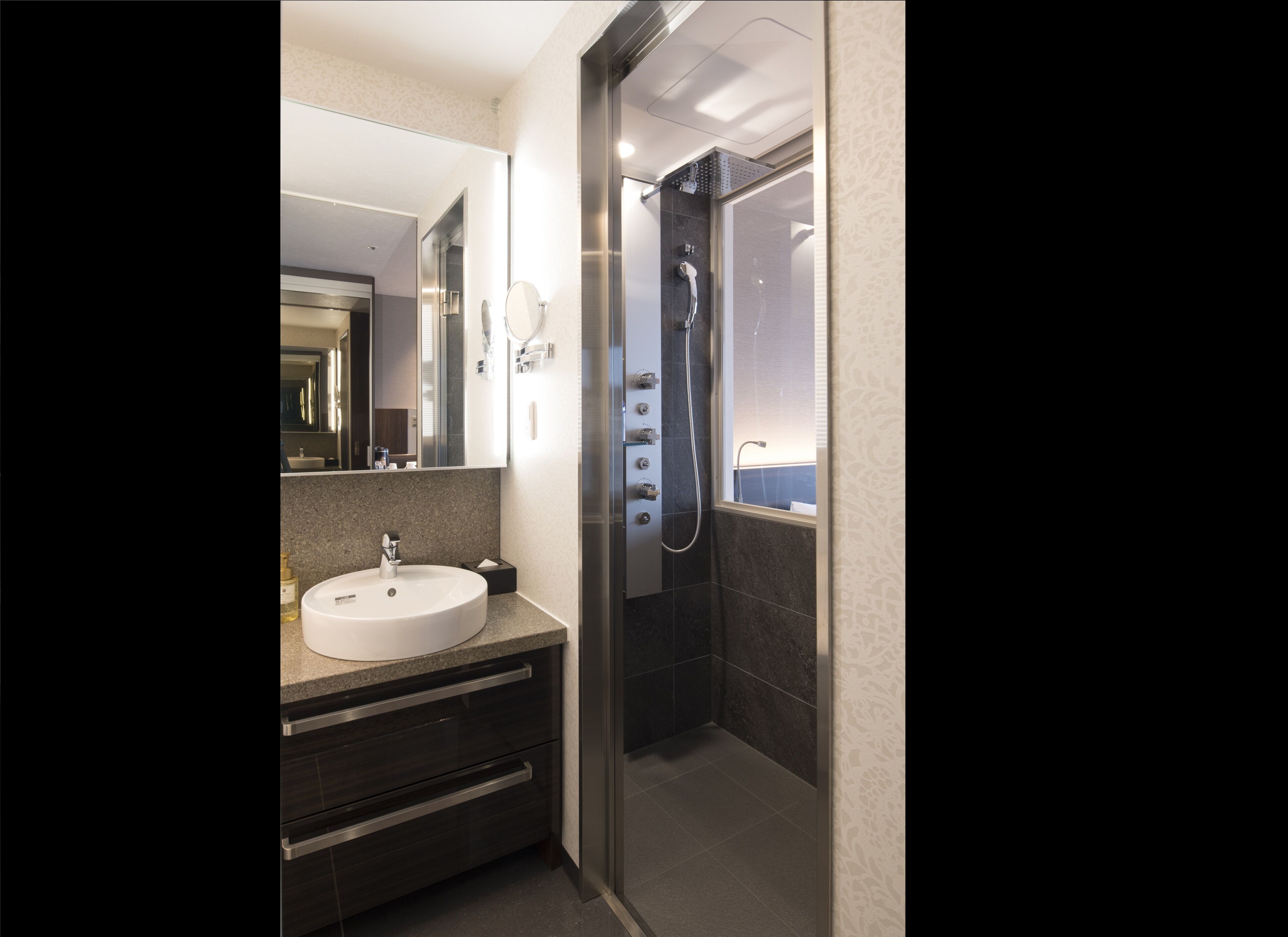 shower, rainfall showerhead, hair dryer, bathrobes