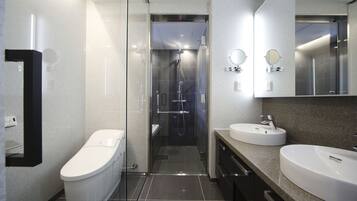 Shower, rainfall showerhead, hair dryer, bathrobes