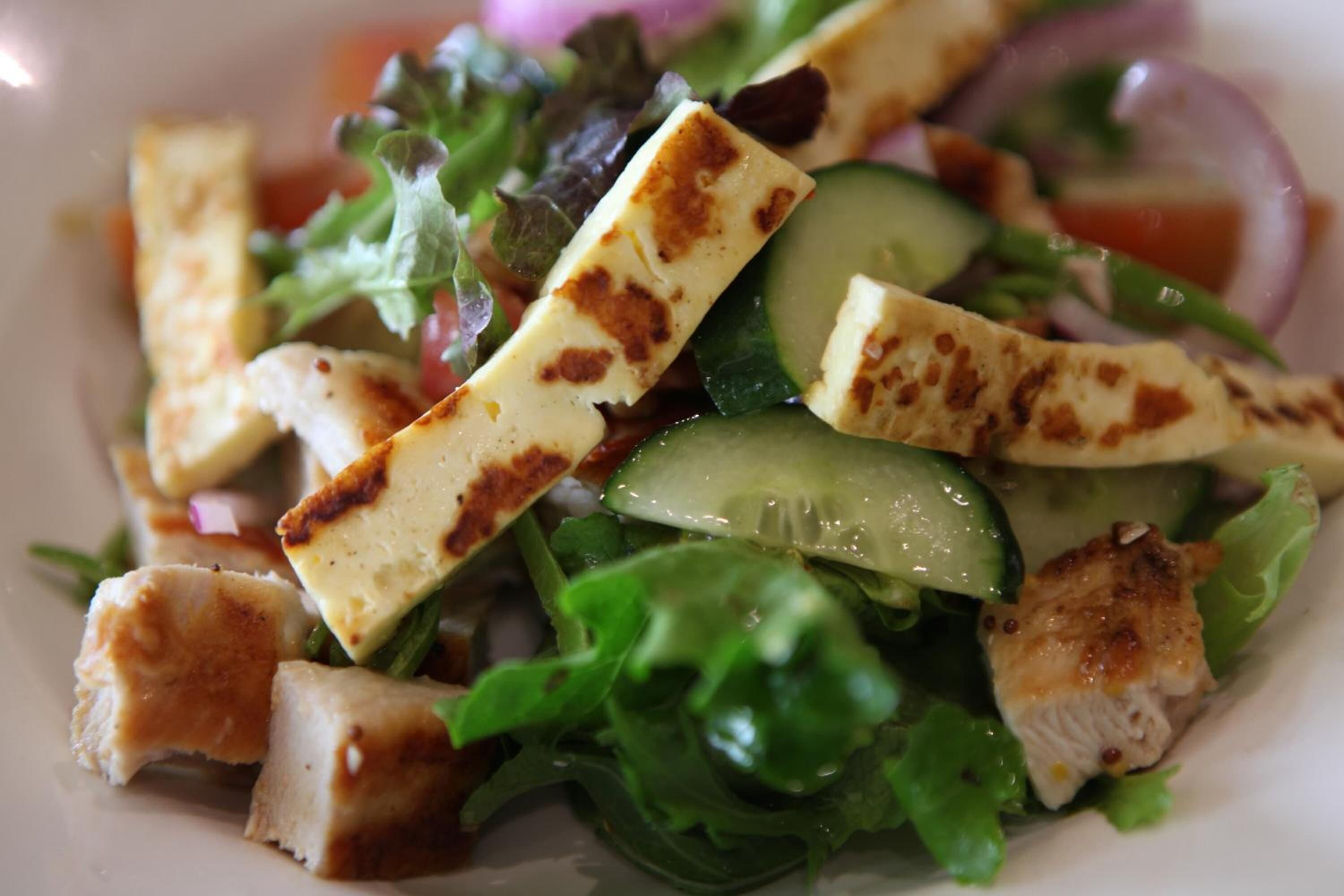 A salad with grilled chicken, cucumbers, and leafy greens.