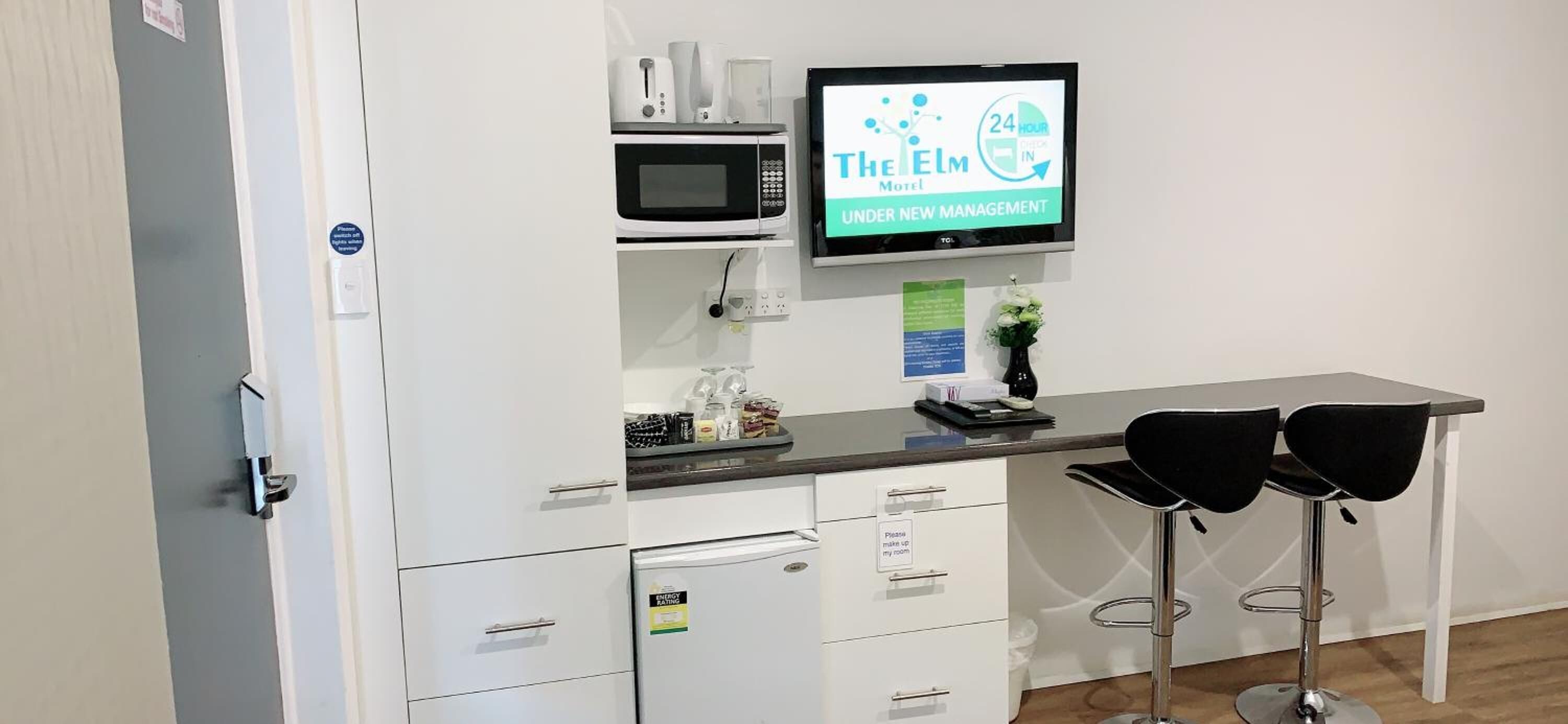 Mini-fridge, microwave, coffee/tea maker, electric kettle