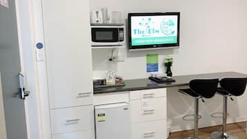 Mini-fridge, microwave, coffee/tea maker, electric kettle