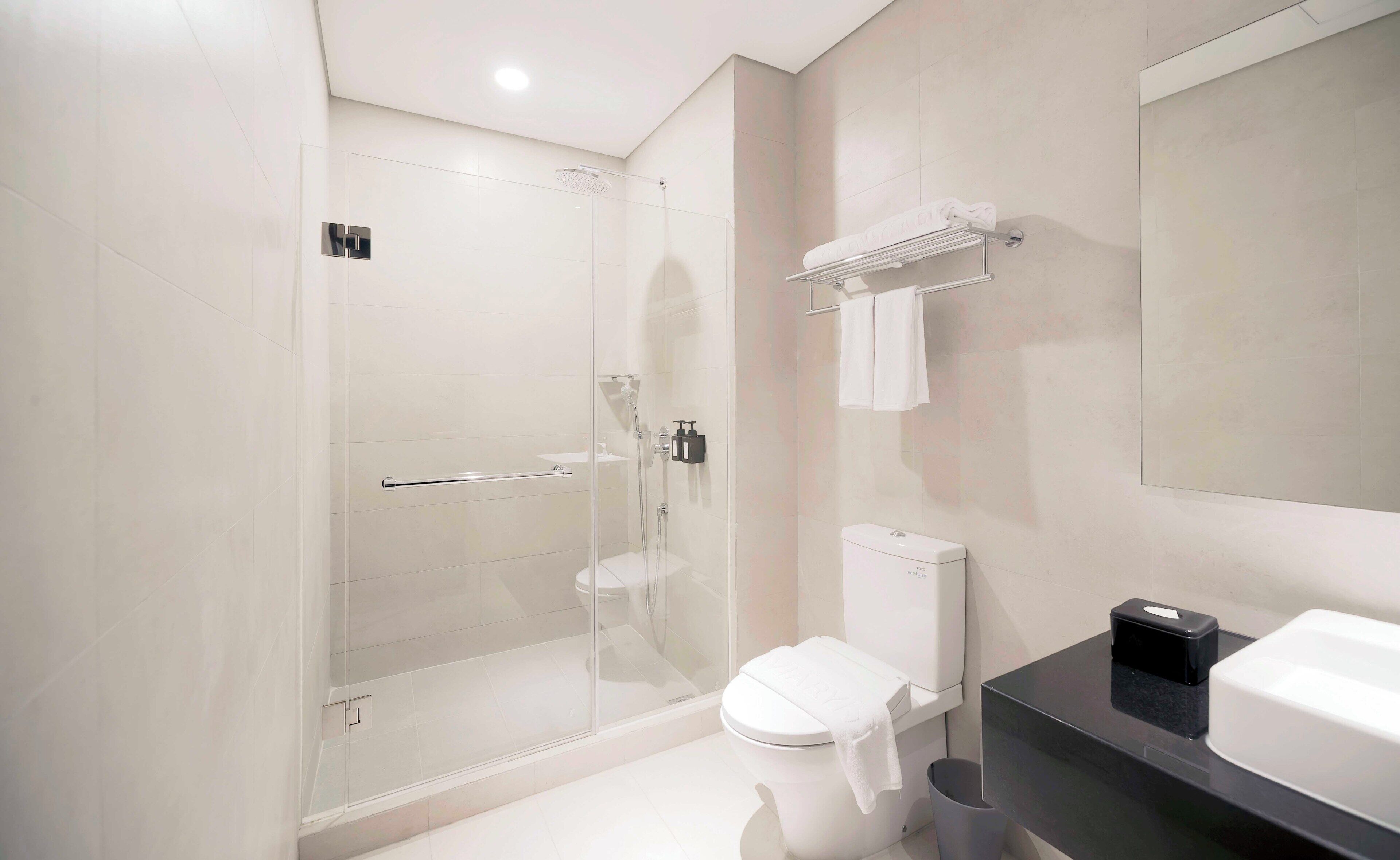 shower, free toiletries, hair dryer, bathrobes