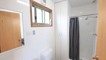 A bathroom with a toilet, a shower, and a window.