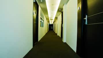 A long, narrow hallway with doors on both sides, leading to rooms.