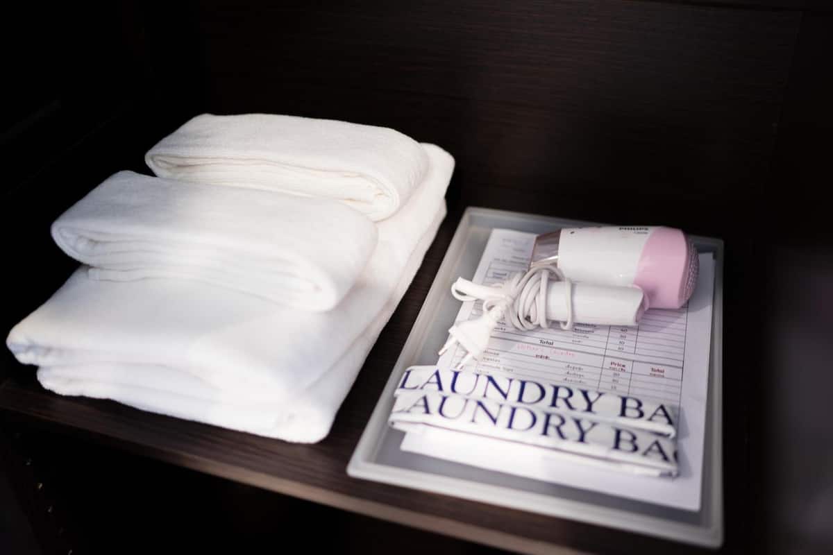 shower, free toiletries, hair dryer, towels