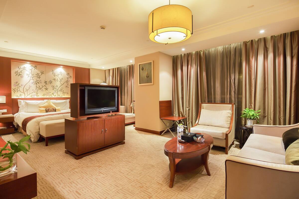 Une chambre d’hôtel avec un lit, une télévision, un canapé, une chaise et une petite table.