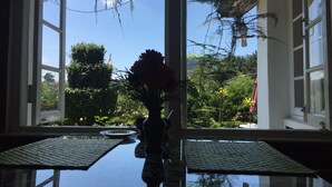Una habitación con un ventanal grande, un florero con una sola flor y una mesa con un mantel individual.