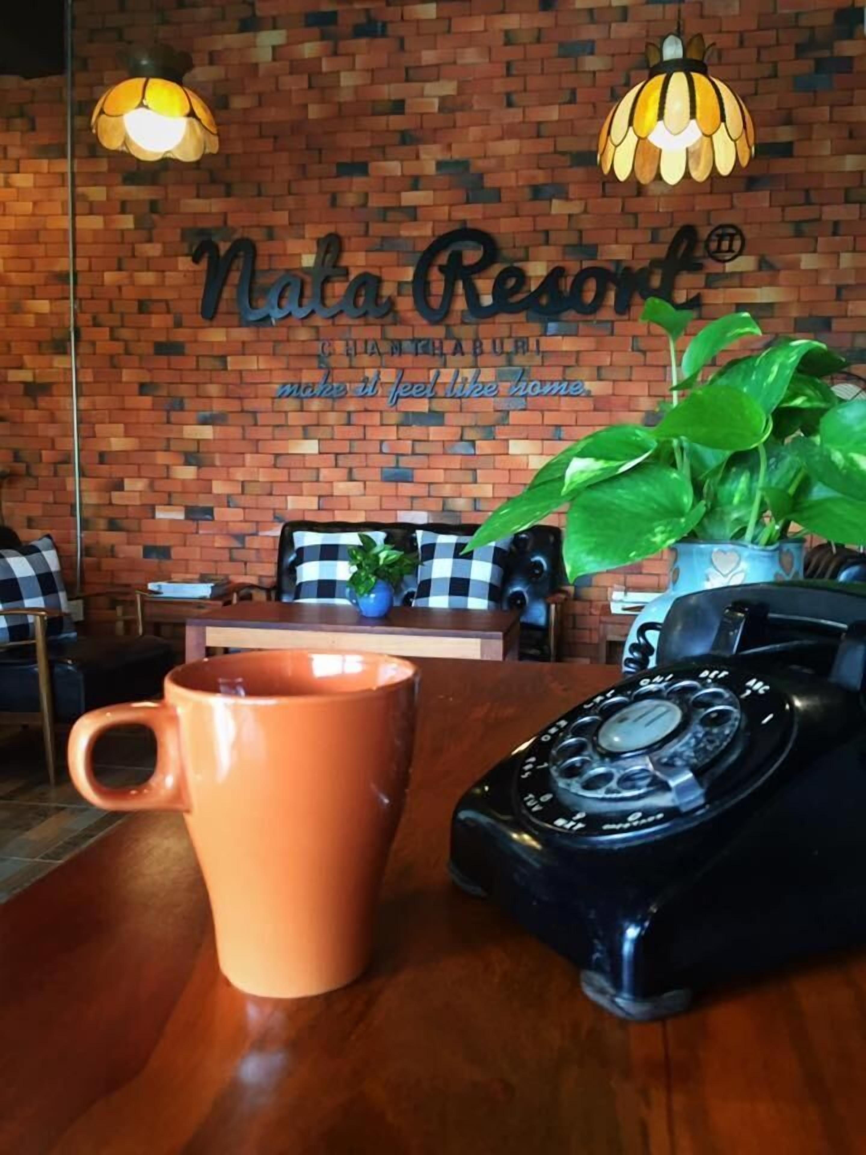 Una mesa con mantel a cuadros, una taza de café, un teléfono giratorio y una planta en maceta.