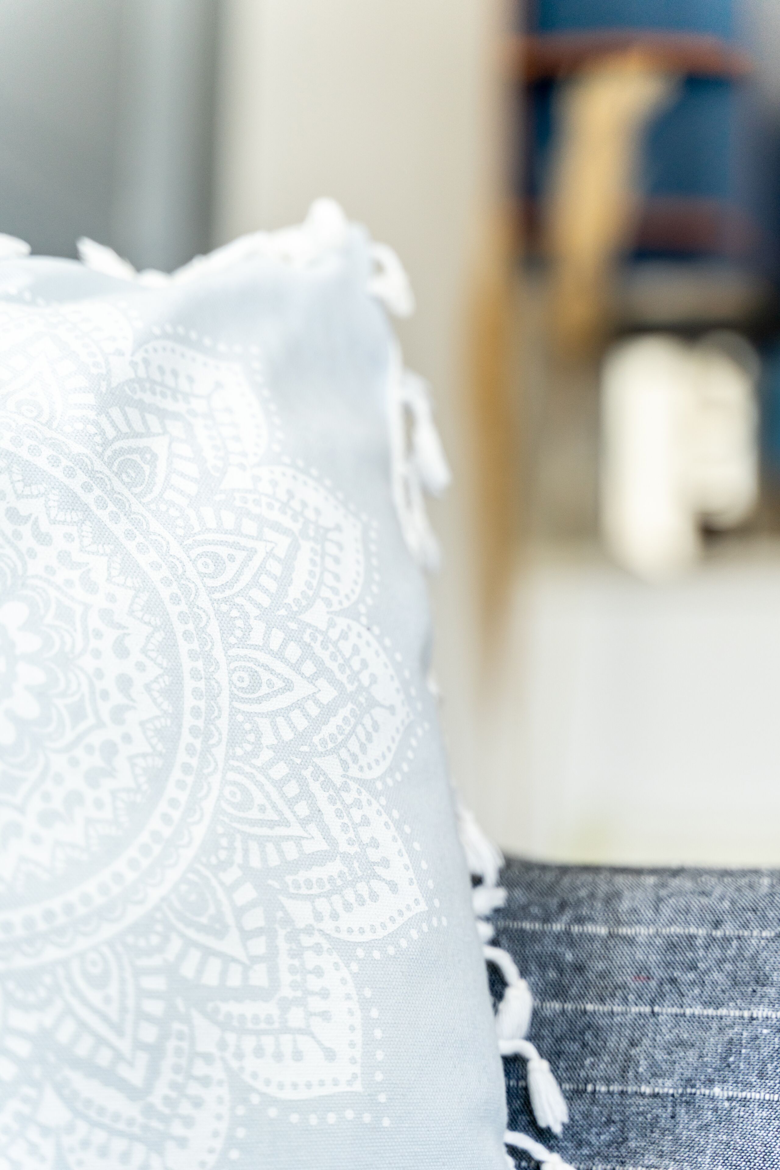 A close-up of a patterned pillow on a couch with a blurred background.