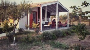 A small, single-story house with a porch and a hammock.